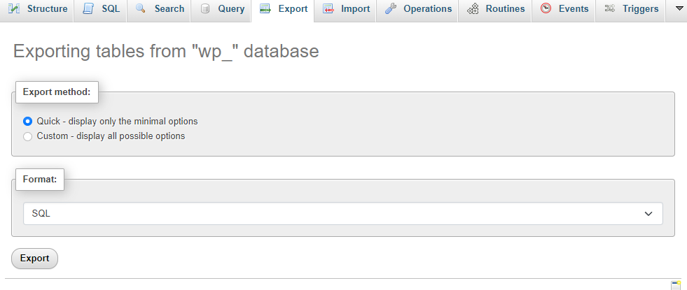 Exporting tables from the WordPress database options