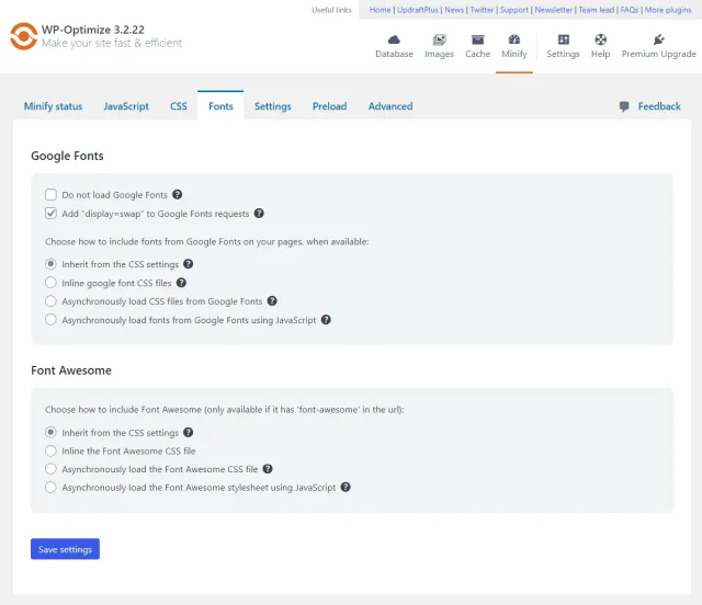 WP Optimize 'Fonts' tab options