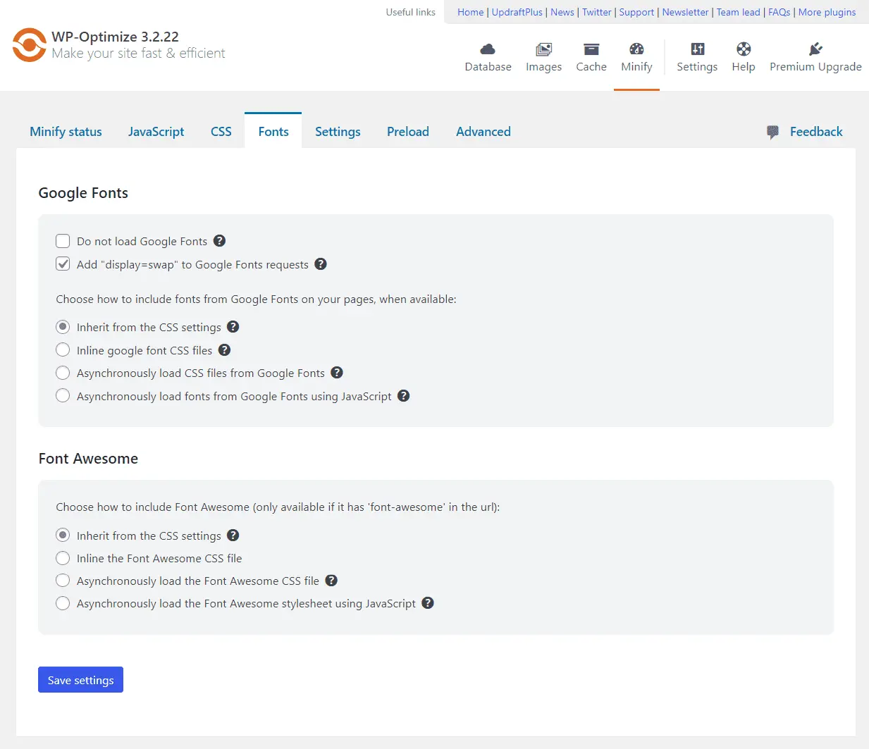 WP Optimize 'Fonts' tab options