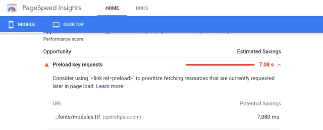 Google PageSpeed insights showing preloading key requests saved estimated 7.08 seconds