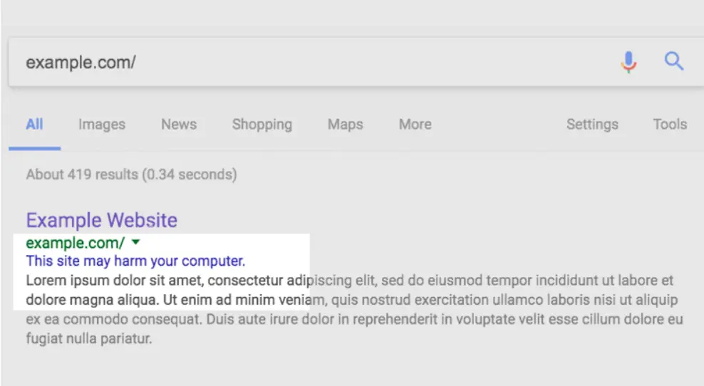 Google search result showing example of site that may harm a computer