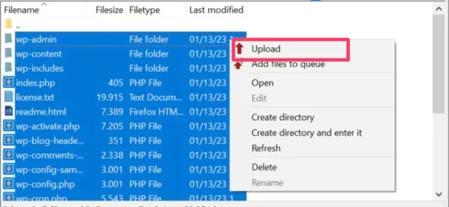 To manually upload files to new WordPress directory, select the files, right click and select 'Upload'