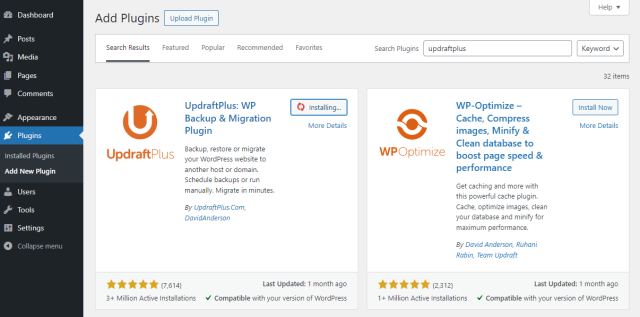 Install UpdraftPlus plugin from the 'Add Plugins' page directory