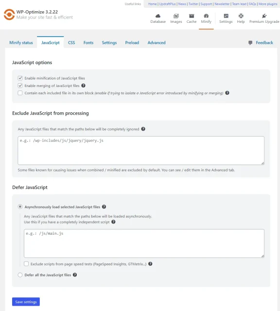 WP Optimize 'JavaScript' tab options