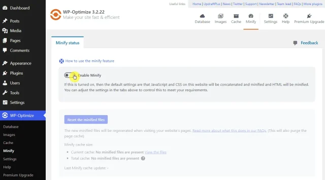 In the WP Optimize 'Minify' page toggle on 'Enable Minify'