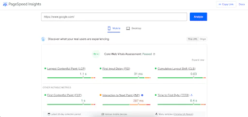PageSpeed insights results example