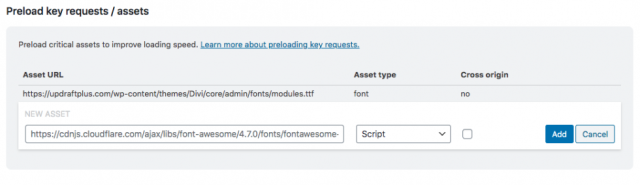 In the 'Preload key requests/assets' page navigate to 'Asset URL' section and add the URL in the 'New Asset' field