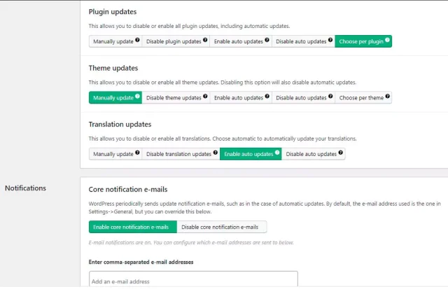 'Plugin updates' section options