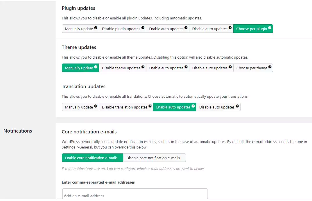 'Plugin updates' section options