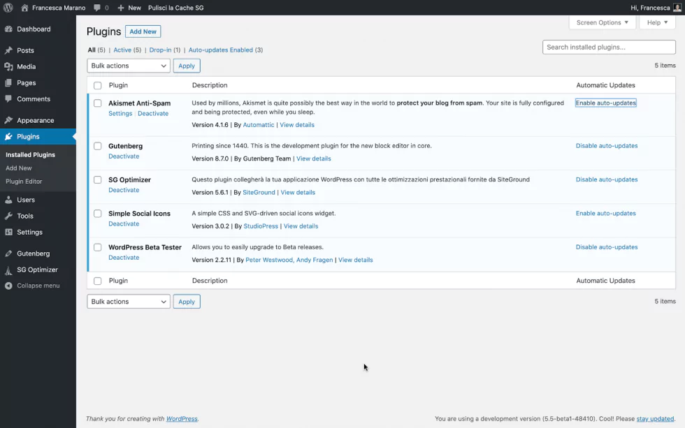 WordPress Installed Plugins page