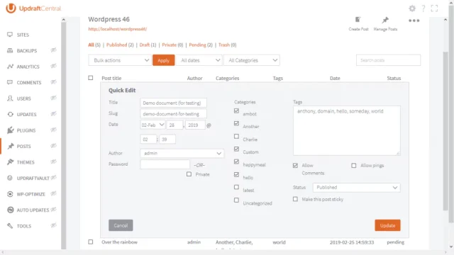 UpdraftCentral 'Quick Edit' post window
