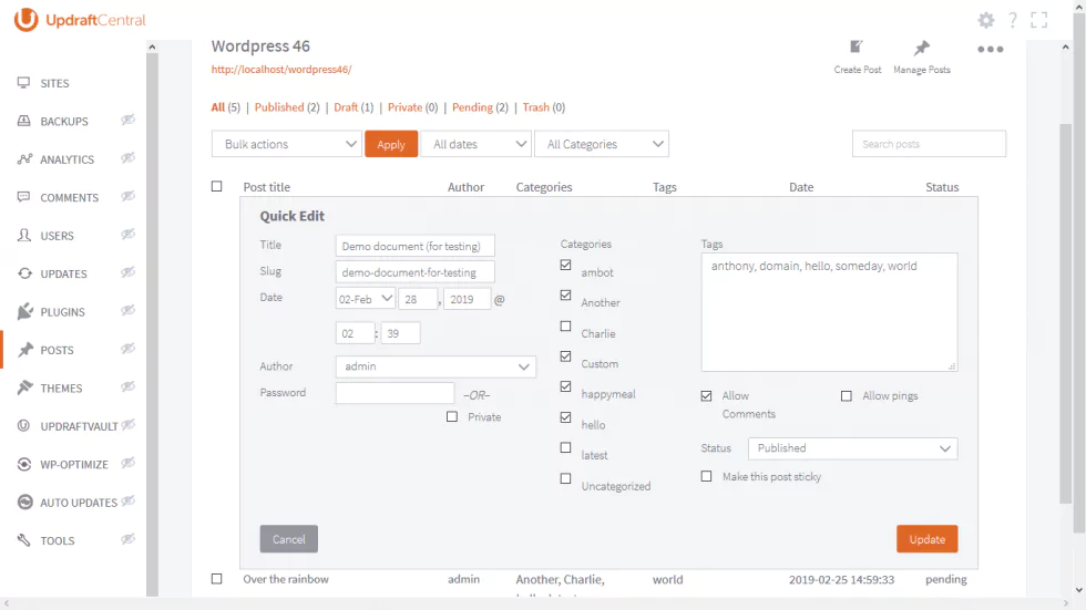 UpdraftCentral 'Quick Edit' post window