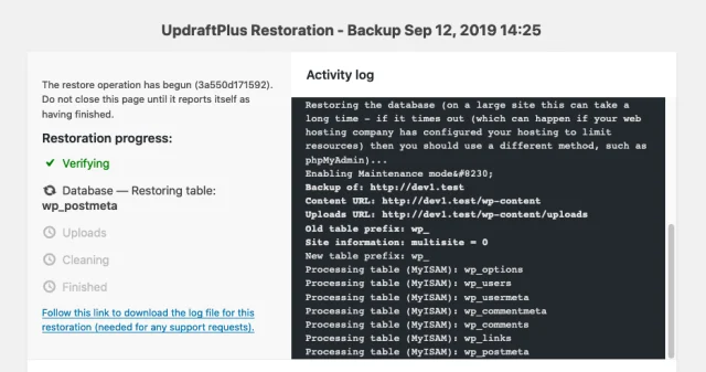 UpdraftPlus restoration activity log shows restoration progress