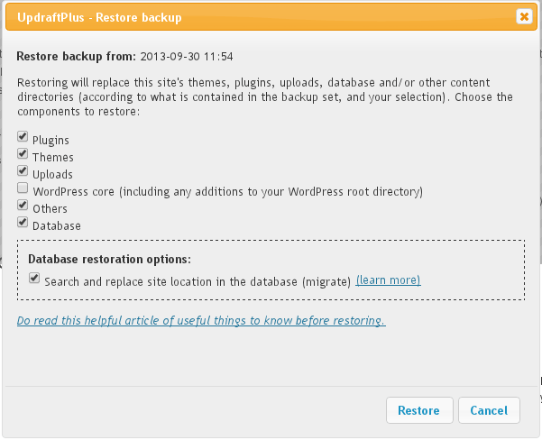 In the 'Restore backup' dialogue, select the elements you would like to restore, then select 'Restore' button