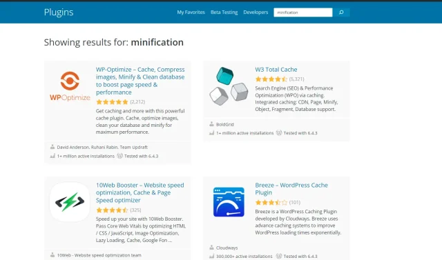 In WordPress plugins directory with 'minification' search, WP-Optimize comes up as the first result