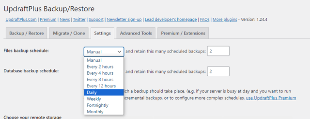 Schedule backups to run at set times using drop down menu in the 'Files backup schedule' of the 'Settings' tab