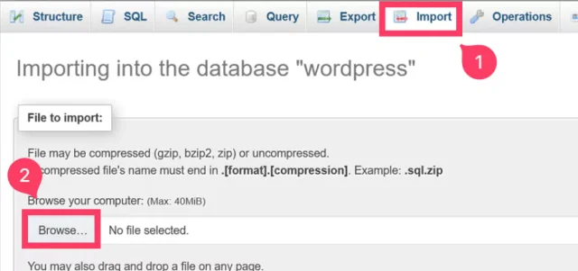1. Select the 'Import' tab from the top bar. 2. In the 'File to import' section, select 'Browse' button to upload files