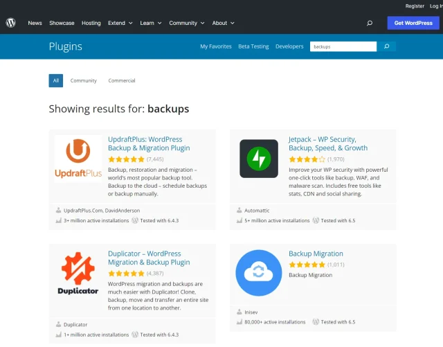 Backup plugin results in WordPress plugin directory, show Updraft as the first result