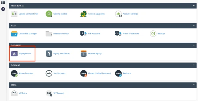 In the 'Databases' section select 'phpMyAdmin' button