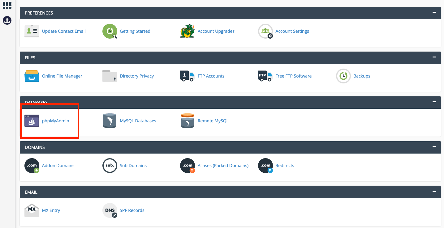 In the 'Databases' section select 'phpMyAdmin' button