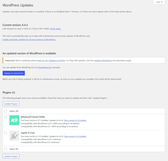 Screenshot of WordPress updates page