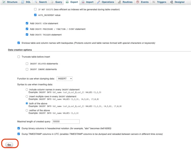 In the WooCommerce database page, select 'Go' button