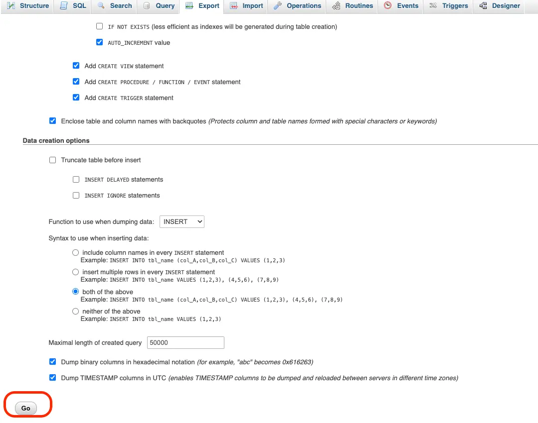In the WooCommerce database page, select 'Go' button