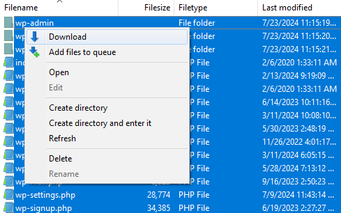 Select the files in your WordPress directory to backup