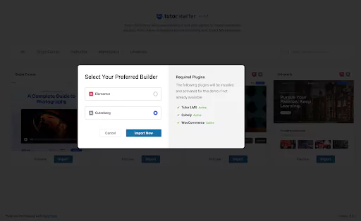 Select your preferred page builder from pop up dialogue builder, then select 'Import Now'