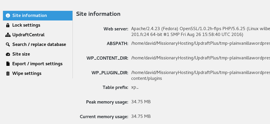 'Site information' Page