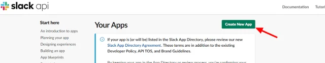 In the Slack api page, select 'Create New App' button