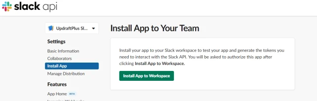 In the Slack API side bar, select 'Install App' page, then select 'Install App to Workspace' button install to your team