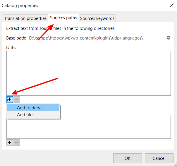 In the 'Source paths' tab of 'Catalogue properties' select the '+' button below 'Paths' and choose 'Add folders' option