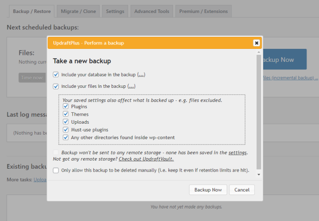 Starting the backup process using the 'Perform a backup' dialogue