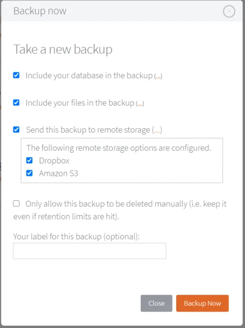 In the 'Backup Now' dialogue box, select what to include, and the remote storage options, then select 'Backup Now' button