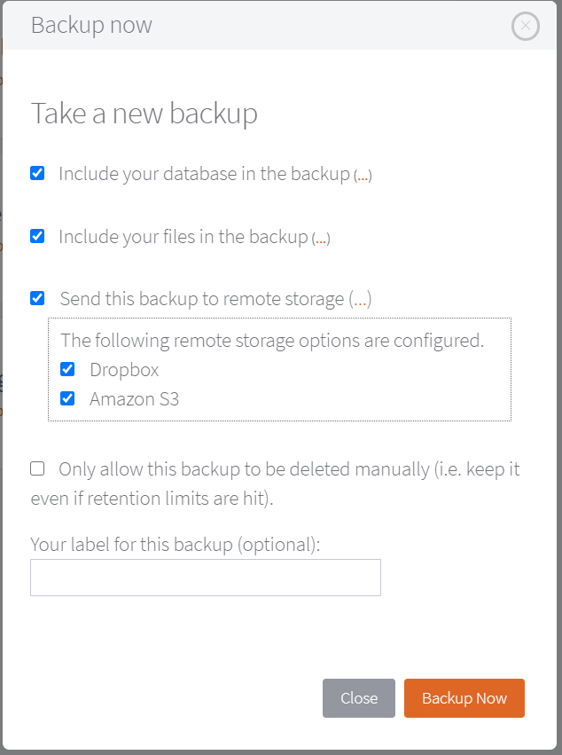 In the 'Backup Now' dialogue box, select what to include, and the remote storage options, then select 'Backup Now' button