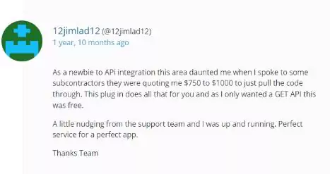 WordPress user testimony that says, Updraft helps with API integration and is easy to use and affordable.
