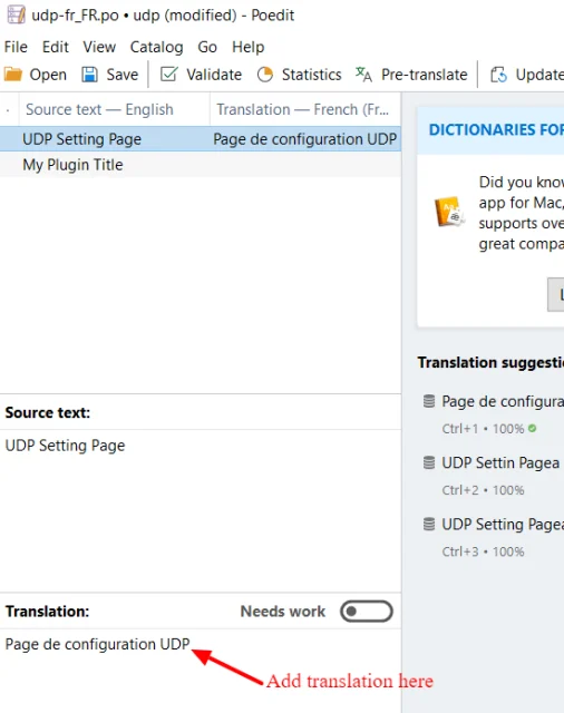 Add the translation in the 'Translation' section of the UDP Setting Page of Poedit