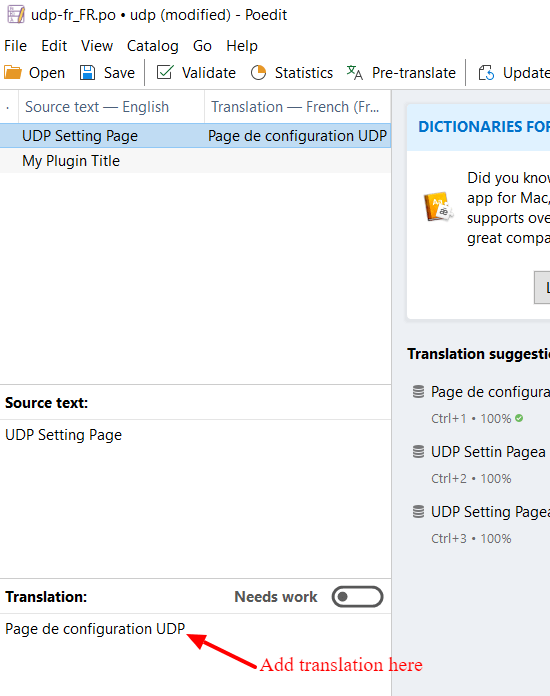 Add the translation in the 'Translation' section of the UDP Setting Page of Poedit