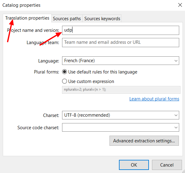 In the 'Translation properties' tab of Catalog properties add the name and other details, then select 'OK'