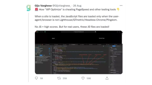 Gijo Varghese tweet claiming WP optimize is cheating PageSpeed and other testing tools