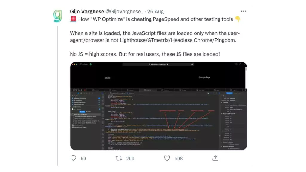 Gijo Varghese tweet claiming WP optimize is cheating PageSpeed and other testing tools