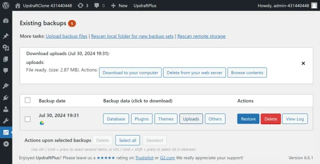 Click the browse all existing UpdraftPlus backups on the 'Existing backups' page