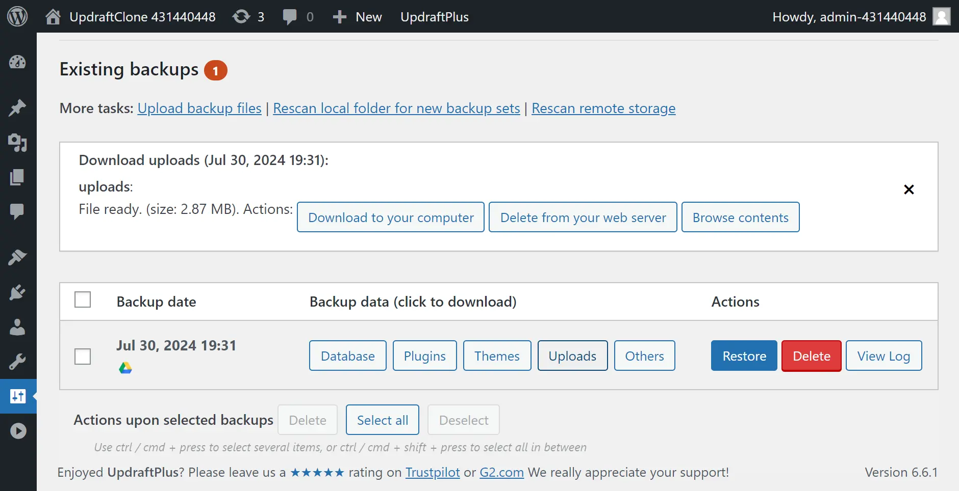 Click the browse all existing UpdraftPlus backups on the 'Existing backups' page