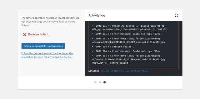 Restoration failed log file window in UpdraftPlus