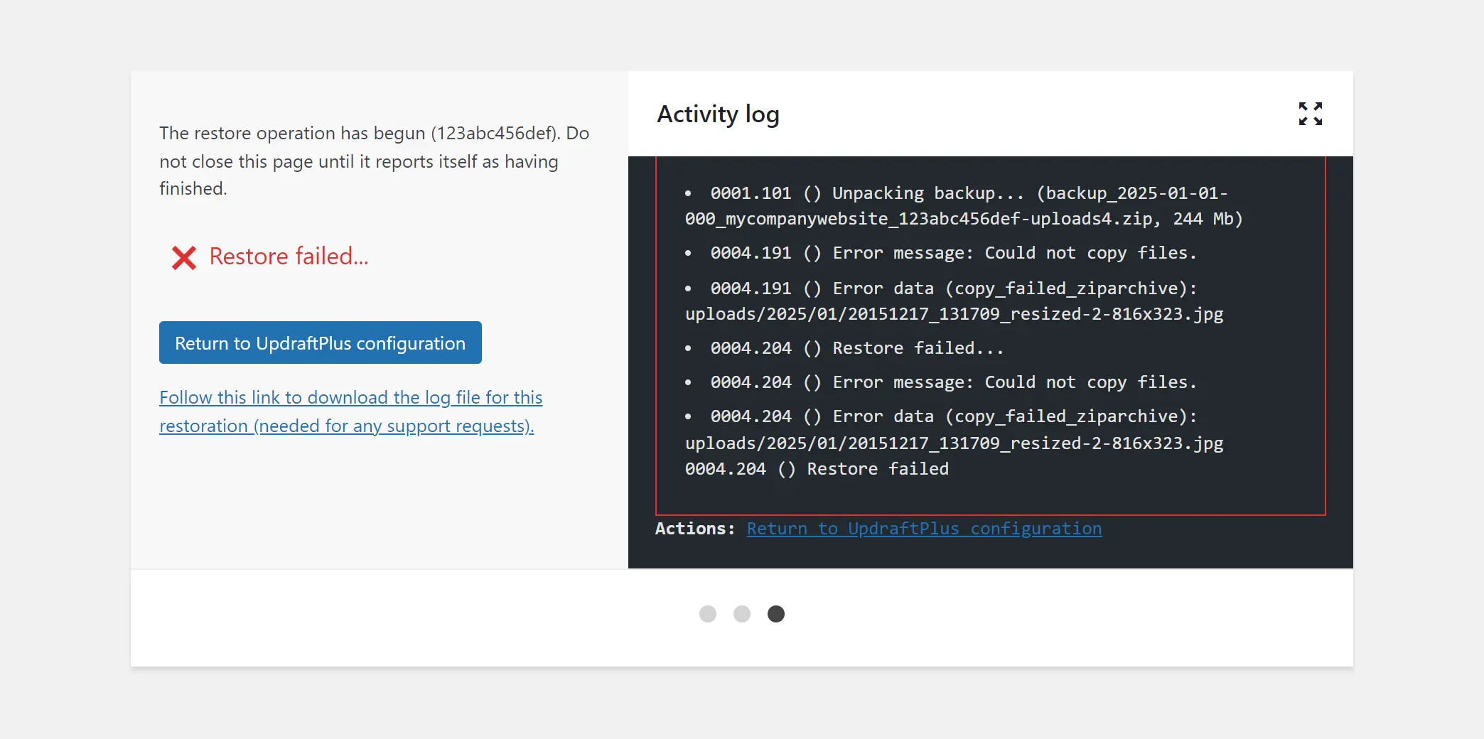 Restoration failed log file window in UpdraftPlus
