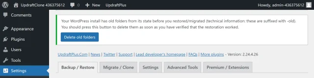 Find the 'Delete old folders' button on the on the WordPress UpdraftPlus page