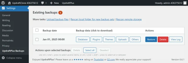 Click the restore button on the 'Existing backups' log list