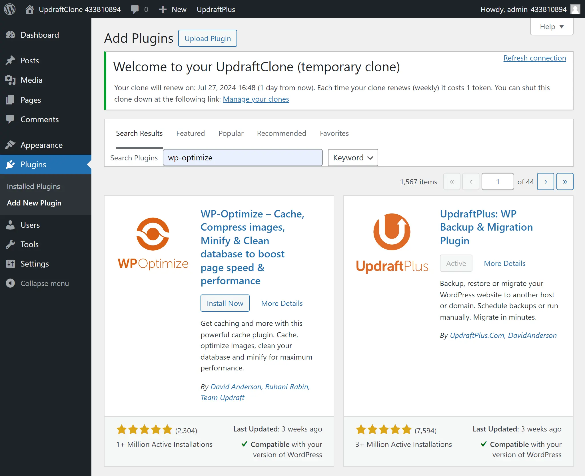 Find WP-Optimize in the plugin directory window by searching it in the search bar