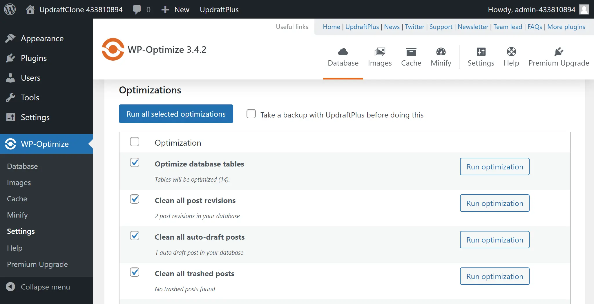 'Run all selected database optimizations' here in the WP-Optimize plugin window